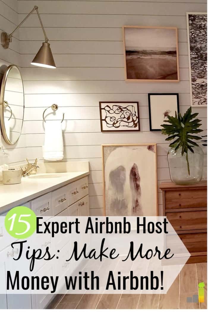 a bathroom with pictures on the wall above it and text overlay reading 15 expert arrib host tips make more money with airbn