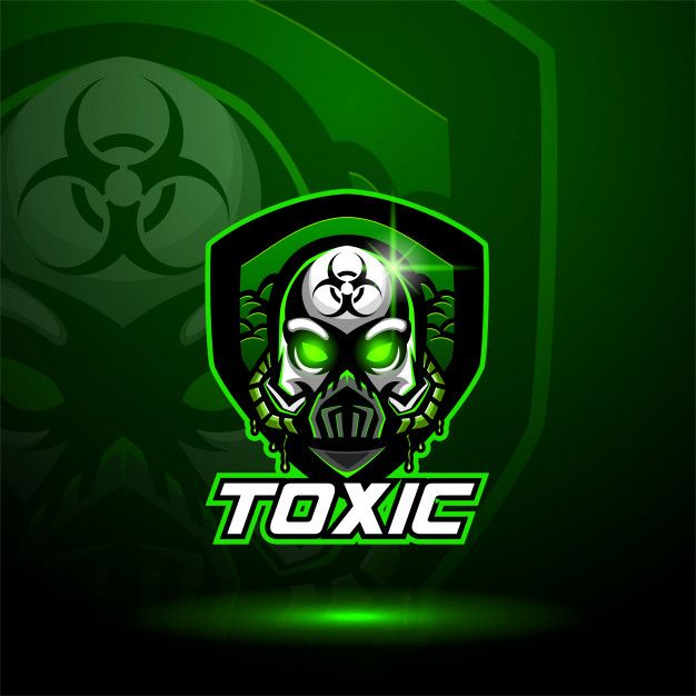 a green and black logo with a skull in the center, on a dark background