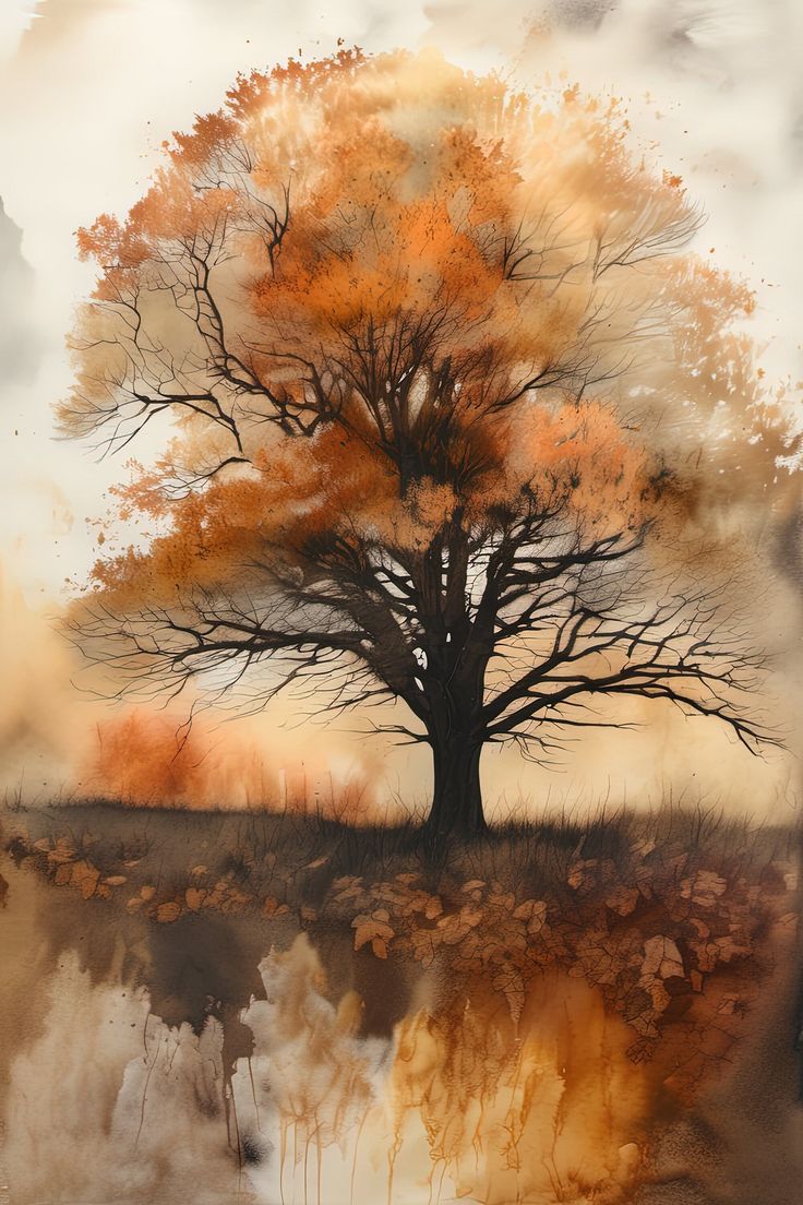 an abstract painting of a tree with orange leaves and water in the foreground, against a cloudy sky