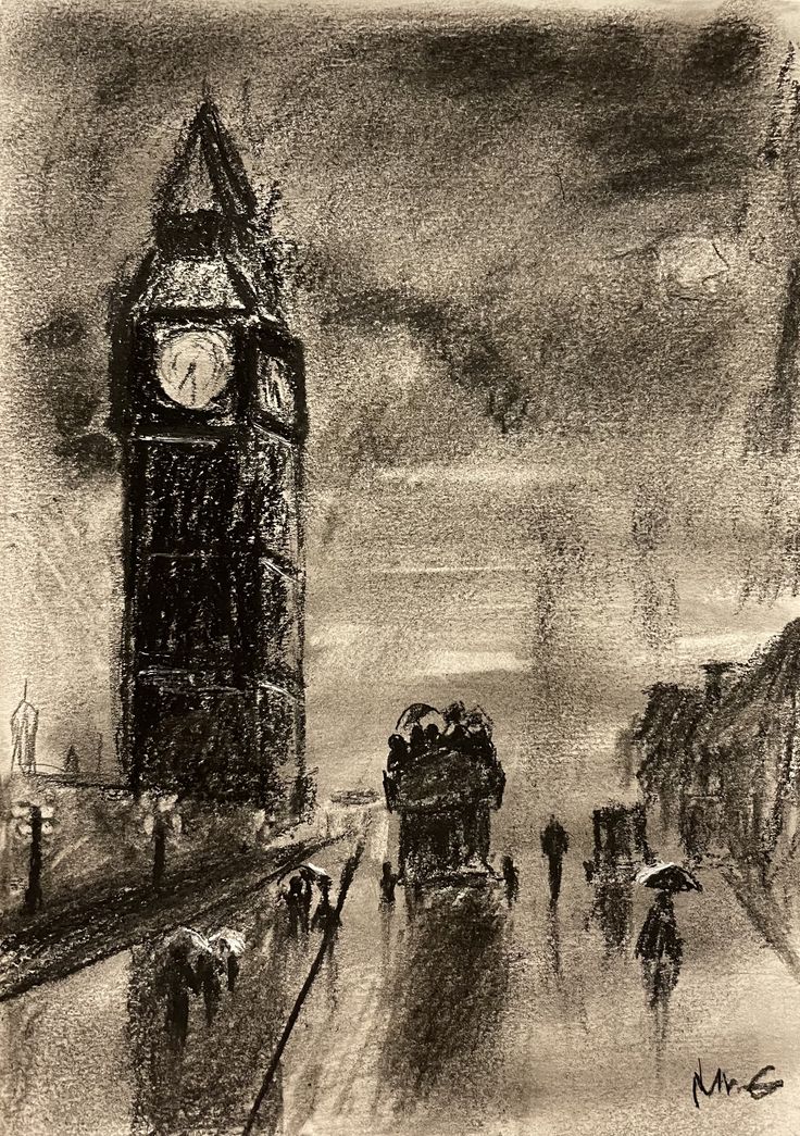 a drawing of a clock tower on a rainy day