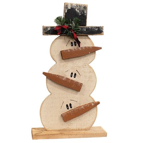 a snowman made out of wood with a hat on top