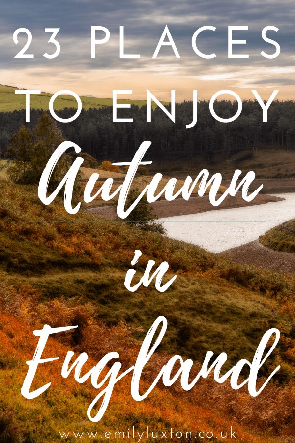 the words 25 places to enjoy autumn in england with an image of a river and hills