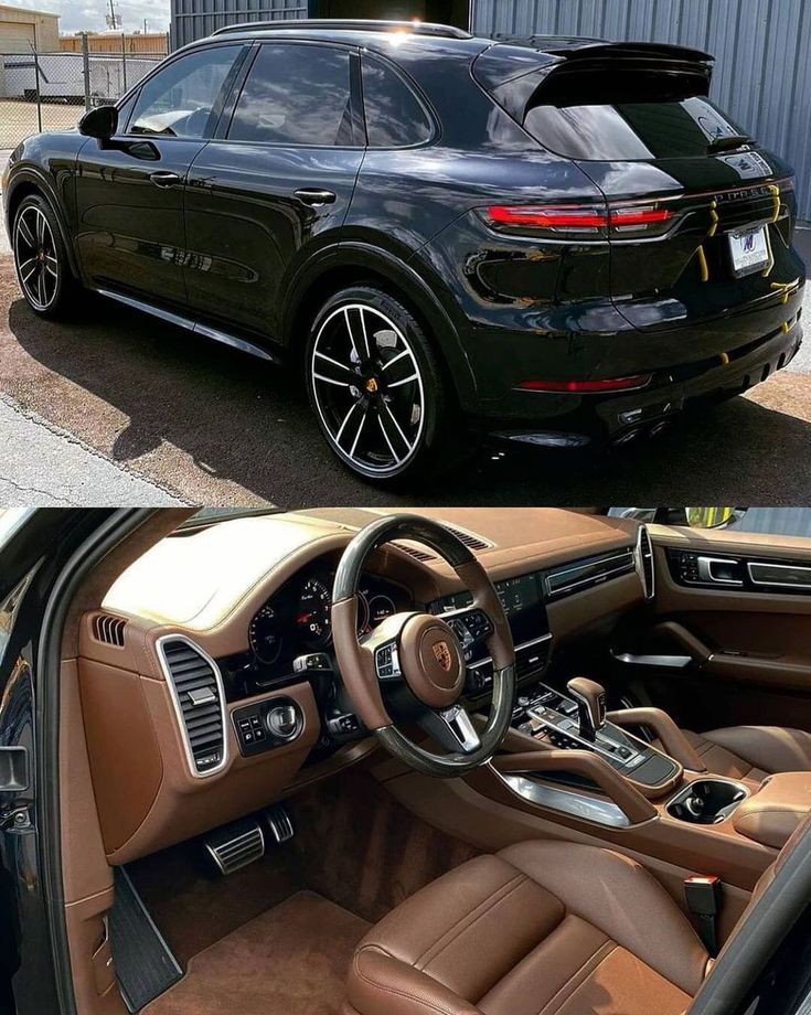 the inside and outside view of a black suv with brown leather seats in front of it