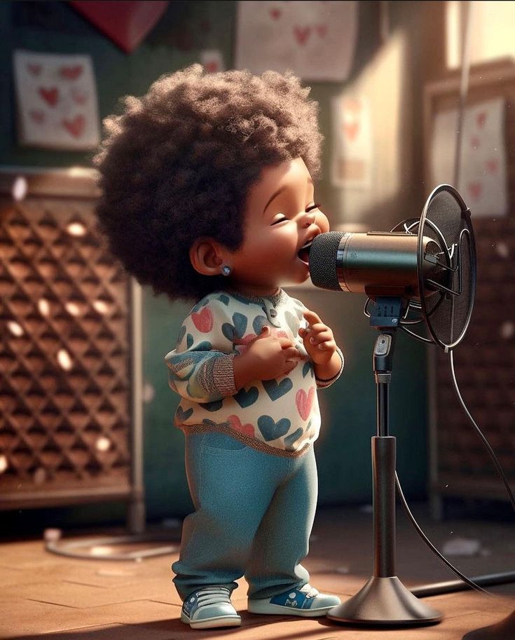 an animated doll standing in front of a microphone and looking into the distance with her mouth open