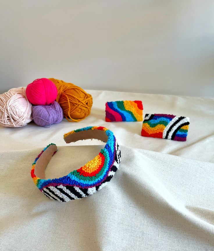 🌸Hi, thanks for visiting! Your product already crafted is in stock and ready for shipment within 1 business day.  100% handmade by me. LOVE PEOPLE. NOT GENDER ! 🌈Chill Headbands are specifically designed to comfort you all day long. Our headbands are and adjustable so you can use it without a headache. 🎁A nice gift for your loved ones. Product Features; 👑 Rainbow Headband It is completely handmade using the Punch Needle technique. Main Frame - 100% Cotton Yarn - Anti-allergenic %85 Cotton %15 polyester(OEKO-TEX Standard100) Dimension :  Width:4cm Length:40cm 👑French Barette Each barette is handmade using the punch needle technique and has a felt backing. Embroidered by organic soft cotton yarn on linen canvas.A French style metal barrette and the open/close mechanism is a simple push Alice Band, Rainbow Punch, Rainbow Headband, Letter Pillows, Style Français, Handmade Embroidery Designs, Handmade Hair Accessories, French Barrette, Hair Elastics