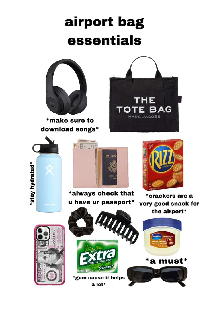 airport bag essentials, airport, aiport essentials, bag essentials, tote bag, hydroflask, vaseline, cocoa butter vaseline, headphones, snacks, passport, gum, iphone 13, sunglasses Airport Bag Essentials, Airport Essentials, Road Trip Necessities, Trip Essentials Packing Lists, Airport Bag, Balenciaga Outfit, Road Trip Bag, Road Trip Kit, Airplane Travel Essentials