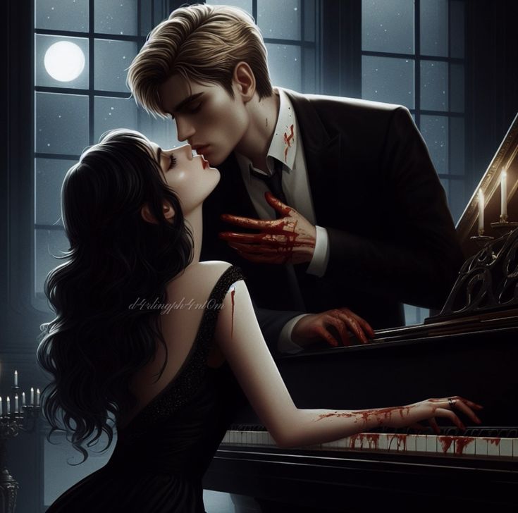 a man and woman kissing in front of a piano with blood all over it's body