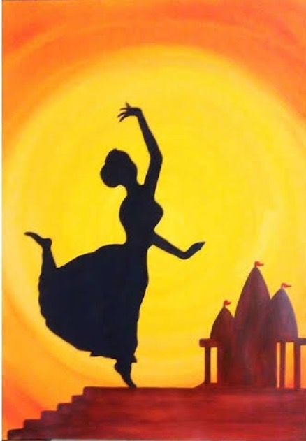 a painting of a woman dancing in the sunset