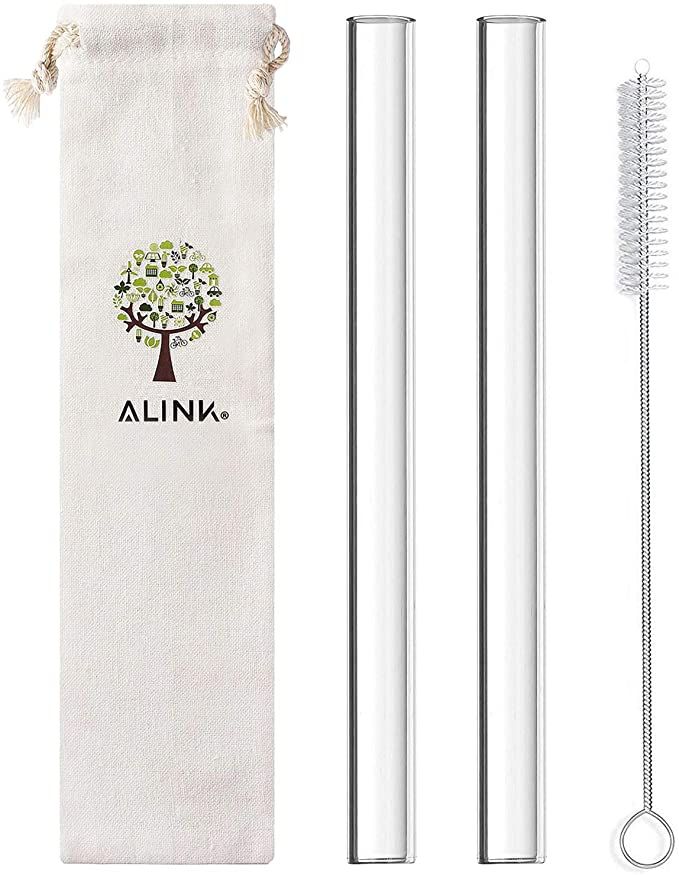 two stainless steel drinking straws and a reusable bag with the word alink on it