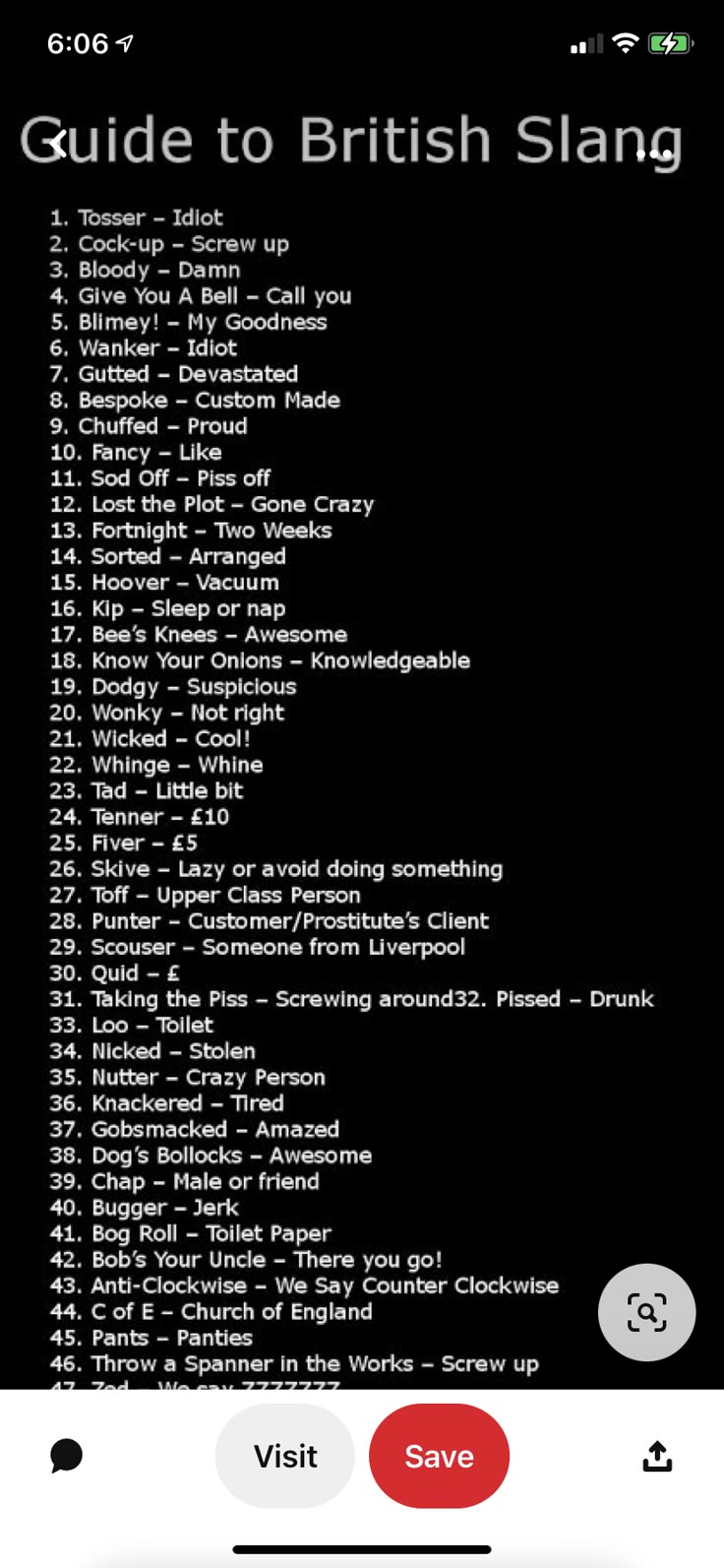 the guide to british slang is displayed on an iphone's screen, with text below it