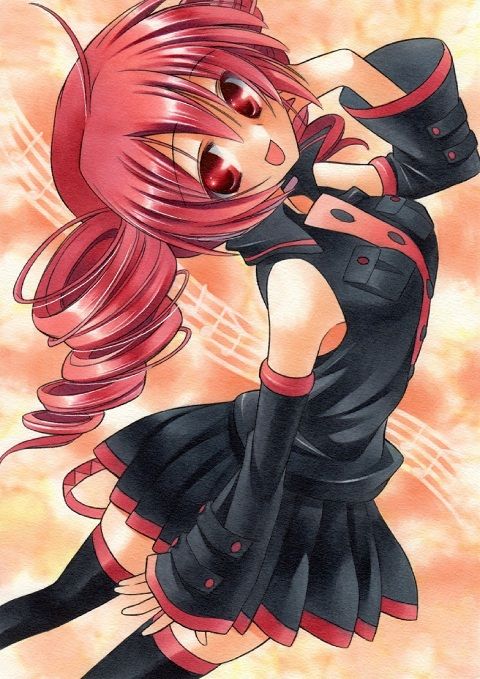 an anime character with red hair and black clothes