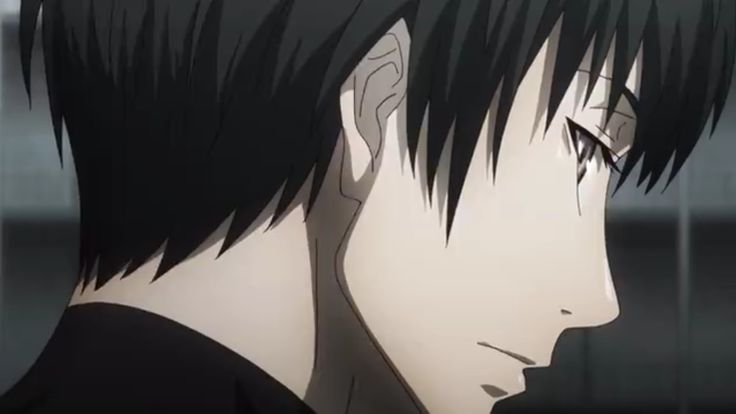 an anime character with black hair staring at something