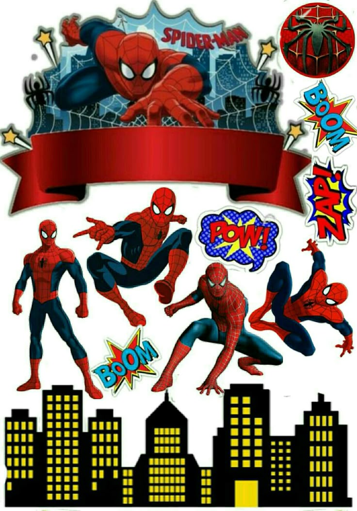 spiderman wall decals with city skylines and red ribbon in the background,