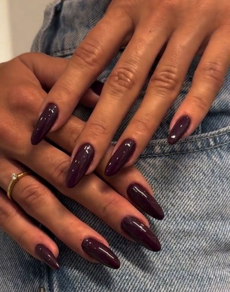 Long Nail Color Ideas, Dark Almond Nails Ideas, Deep Purple Almond Nails, Indian Skin Nails, Plain Dark Nails, Dark Purple Long Nails, Dark Plum Nail Color, Nail Dark Colors, Moody Almond Nails