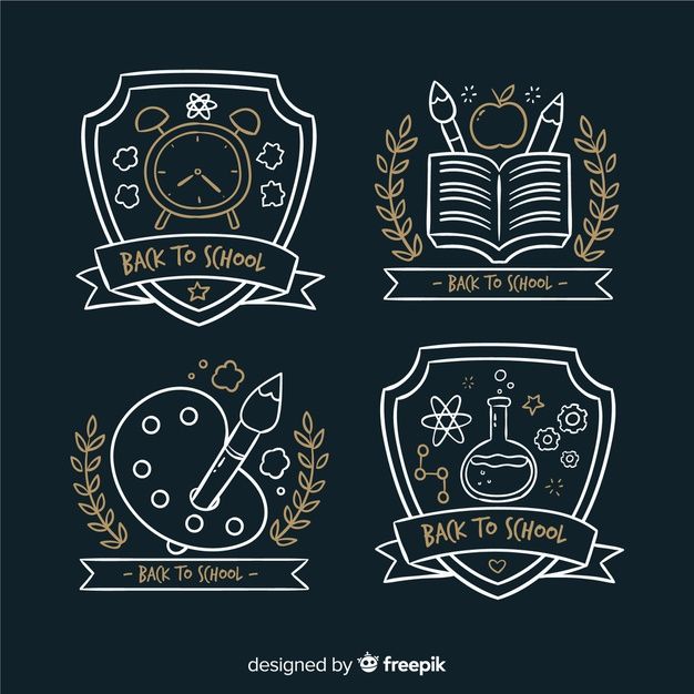 four badges for back to school with books and symbols on black background, hand drawn