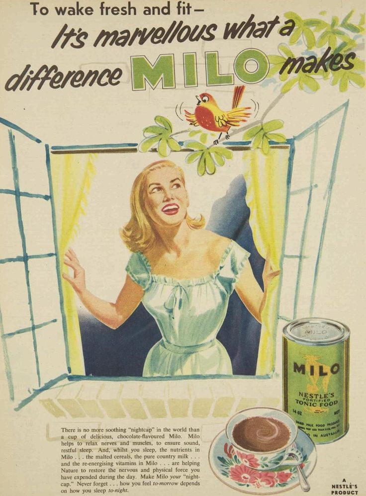 an advertisement for milo coffee with a woman looking out the window and holding a cup