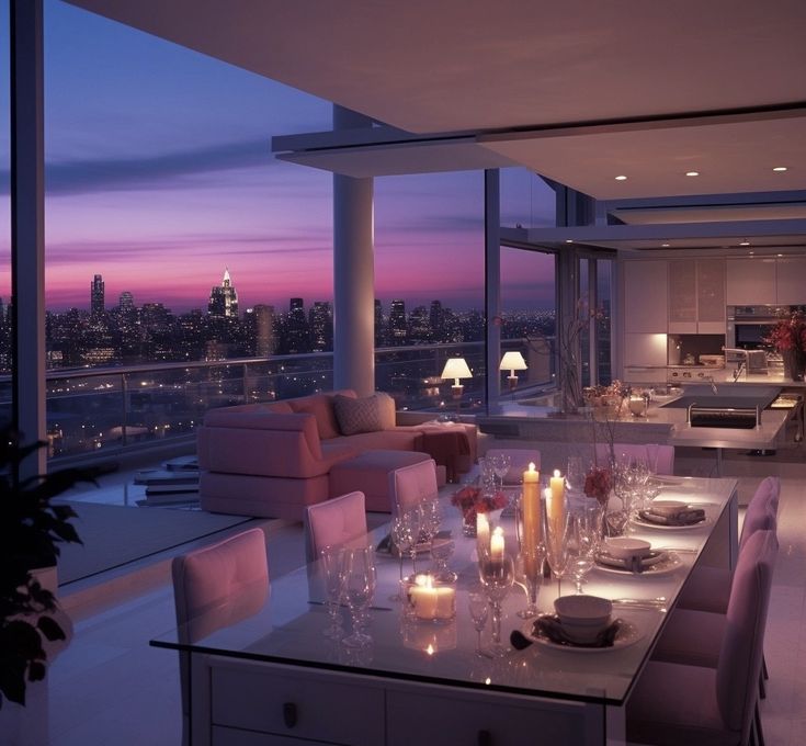 a dining room table with candles on it in front of a large window overlooking the city