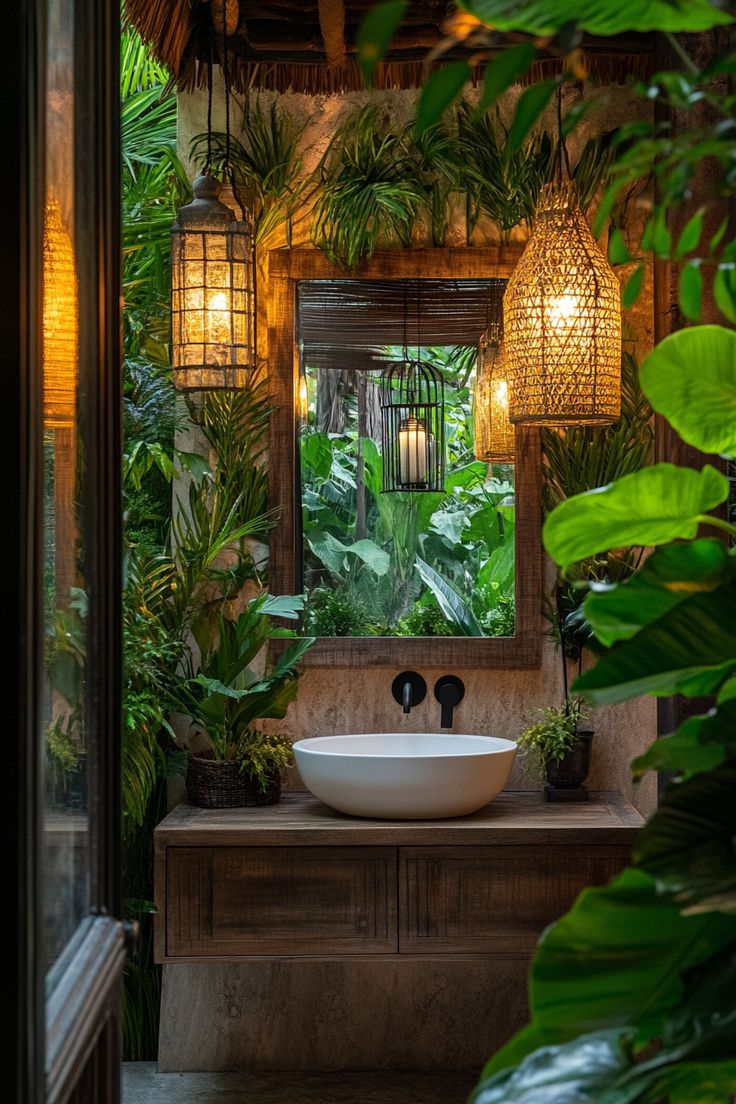 a bathroom with plants and lights in the window sill above the sink, along with a mirror on the wall