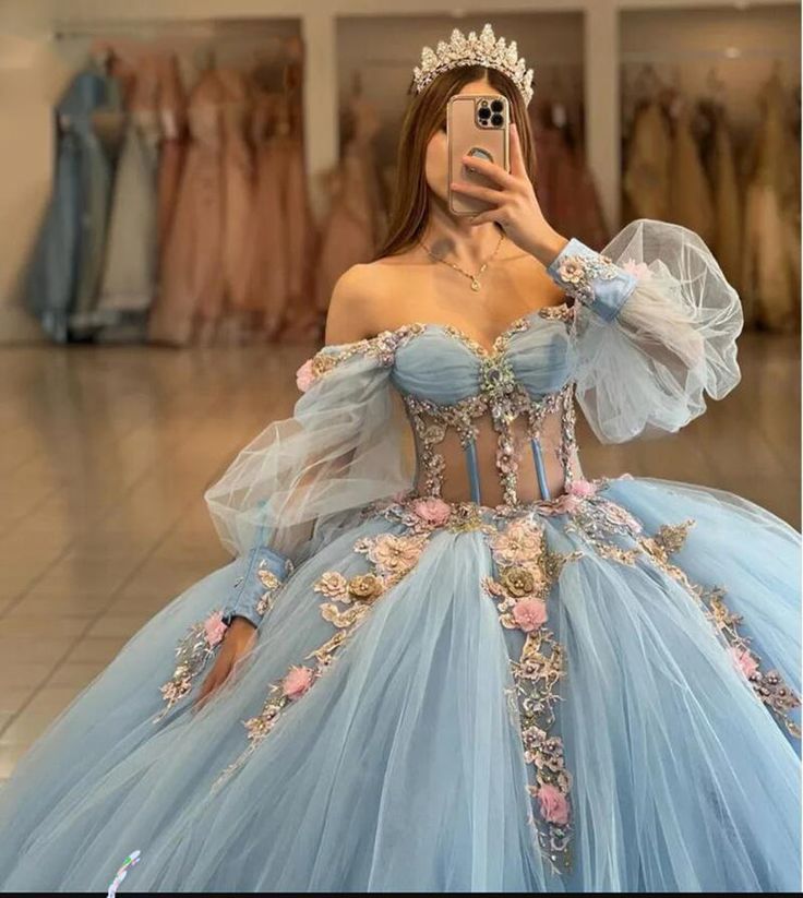 Quncie Dresses Blue, Long Sleeve Quinceanera Dresses Blue, Blue Quince Dress Long Sleeve, Big Puffy Dresses Ball Gowns Blue, Blue Off-shoulder Dress For Quinceanera, Sky Blue Quinceanera Dresses, Lavender Ball Gown, Xv Dresses, Mexican Quinceanera Dresses