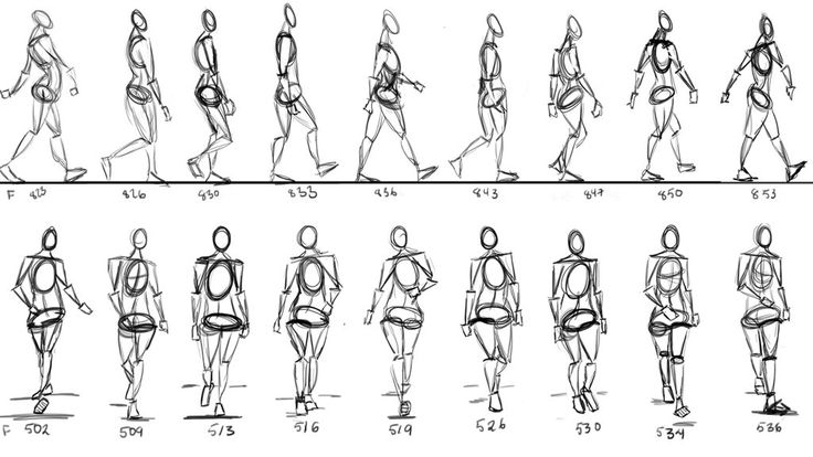 an animation character's body is shown in various poses and positions, including the legs