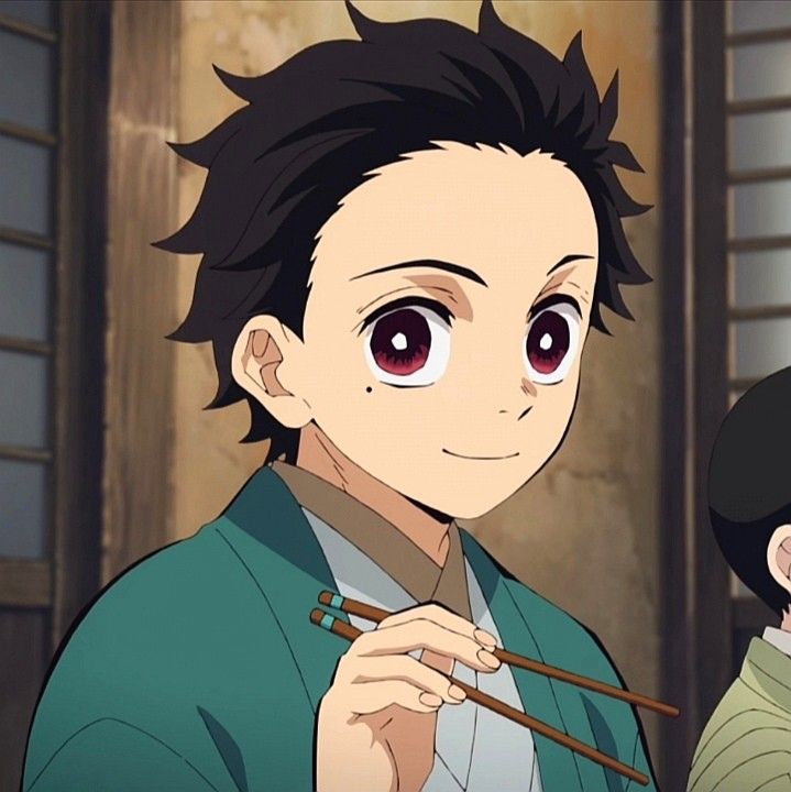 an anime character holding chopsticks and looking at another character in front of him