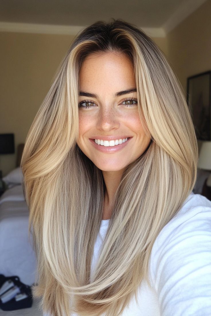 Long Subtle Layers, Winter Blonde Hair Color, Winter Blonde Balayage, Blonde Hair Color Balayage, Straight Haircuts, Balayage Styles, Winter Blonde Hair, Hairstyles For Wavy Hair, Blonde Layered Hair