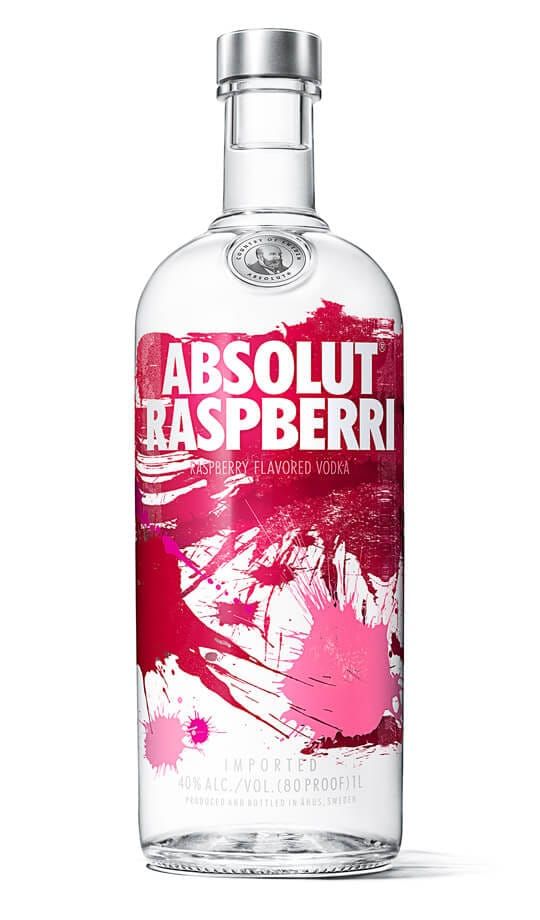 absolut raspberry vodka in a glass bottle with red and white designs