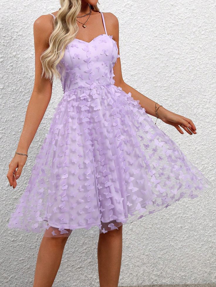 Women's Solid Color Spaghetti Strap Elegant 3D Butterfly Mesh Dress Mauve Purple Elegant  Sleeveless Mesh Plain Cami Slight Stretch  Weddings & Events, size features are:Bust: ,Length: ,Sleeve Length: White And Purple Floral Dress, Rapunzel Themed Hoco Dress, Cute Lavender Dress, Purple Light Dress, Aesthetic Lavender Dress, Cute Corset Dresses, Butterfly Hoco Dress, Purple Homecoming Dress Short, Purple Grad Dresses