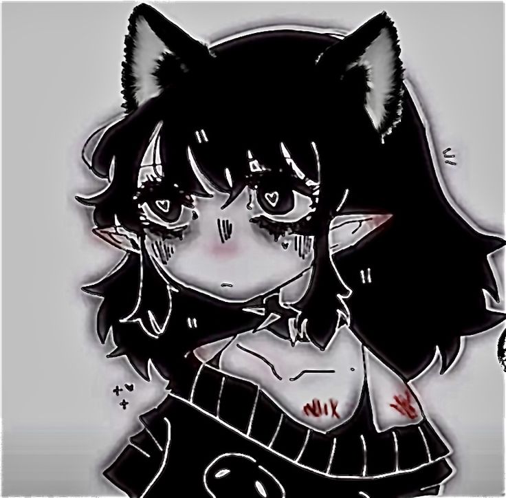 a drawing of a girl with black hair and cat ears, wearing a striped shirt