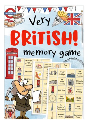 very british memory game for children with pictures and words on the front, including an image of