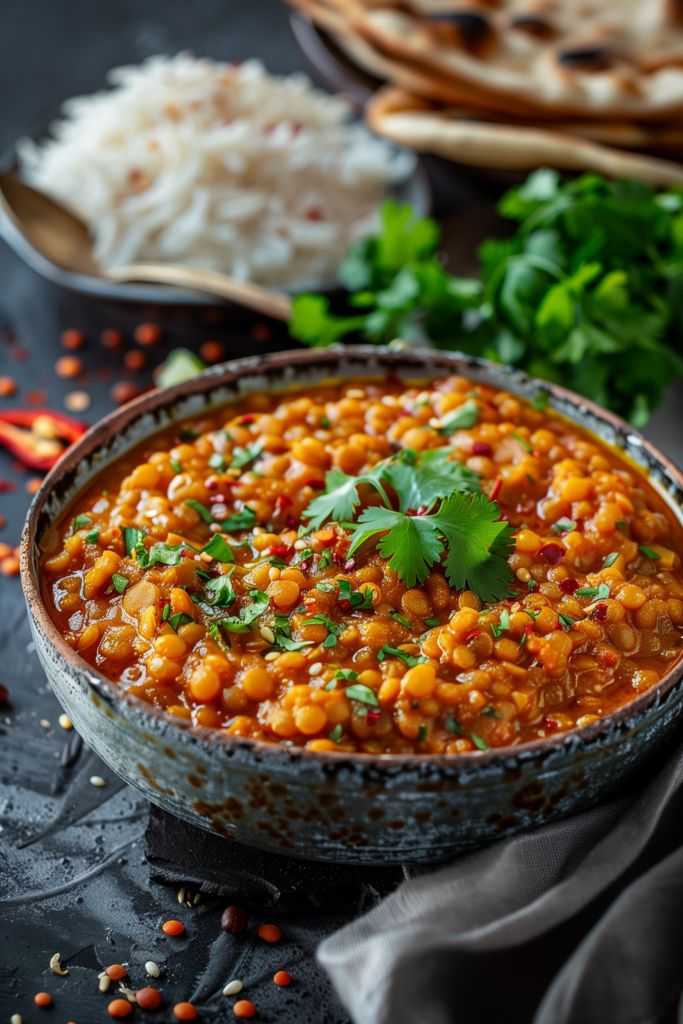 a bowl filled with beans and cilantro on top of a black surface next to bread