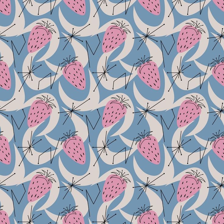 a blue and pink wallpaper with strawberries on the top, in an abstract pattern