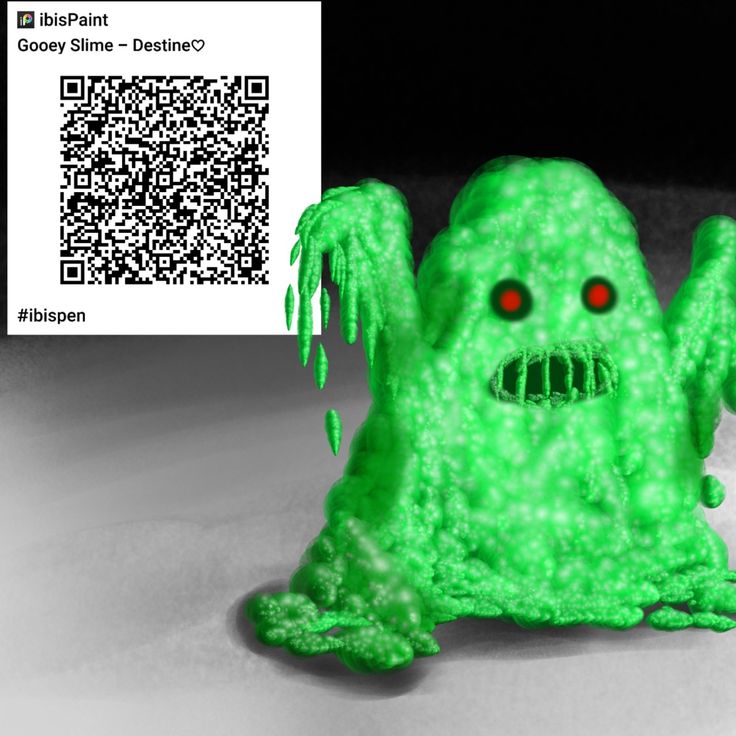 a close up of a fake green monster with red eyes and long legs, in front of a qr code