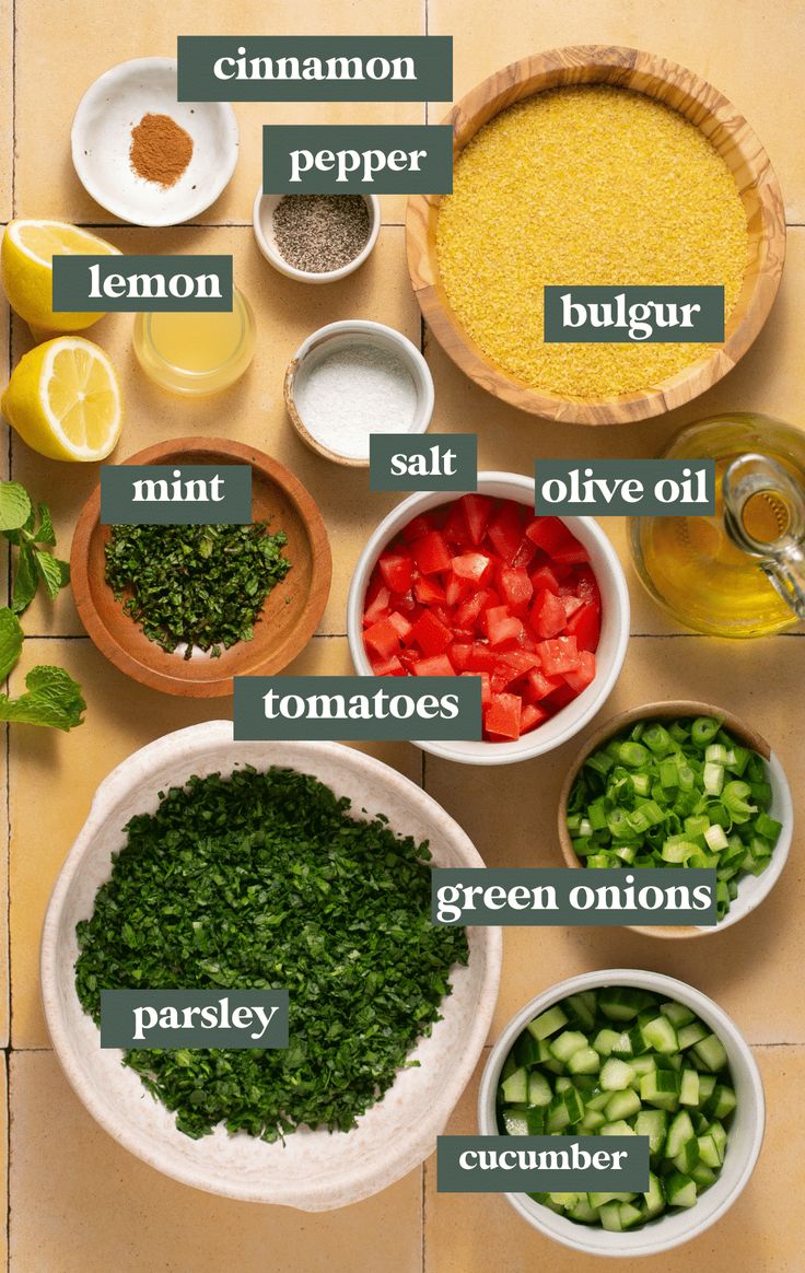 the ingredients to make this recipe are shown in bowls and labeled with their corresponding names