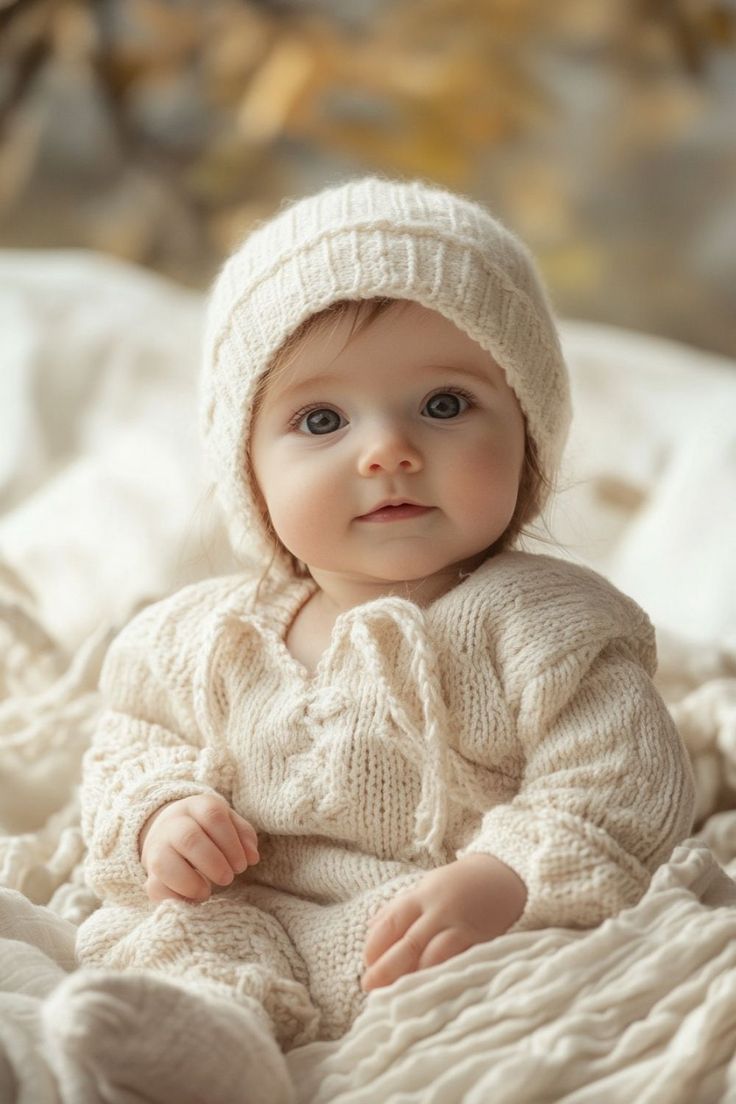 a little baby sitting on top of a bed wearing a knitted hat and sweater