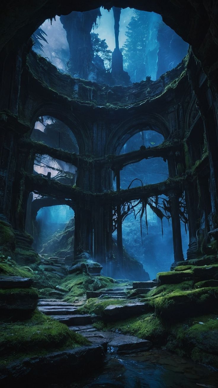 an abandoned building with moss growing on the ground and water running through it at night