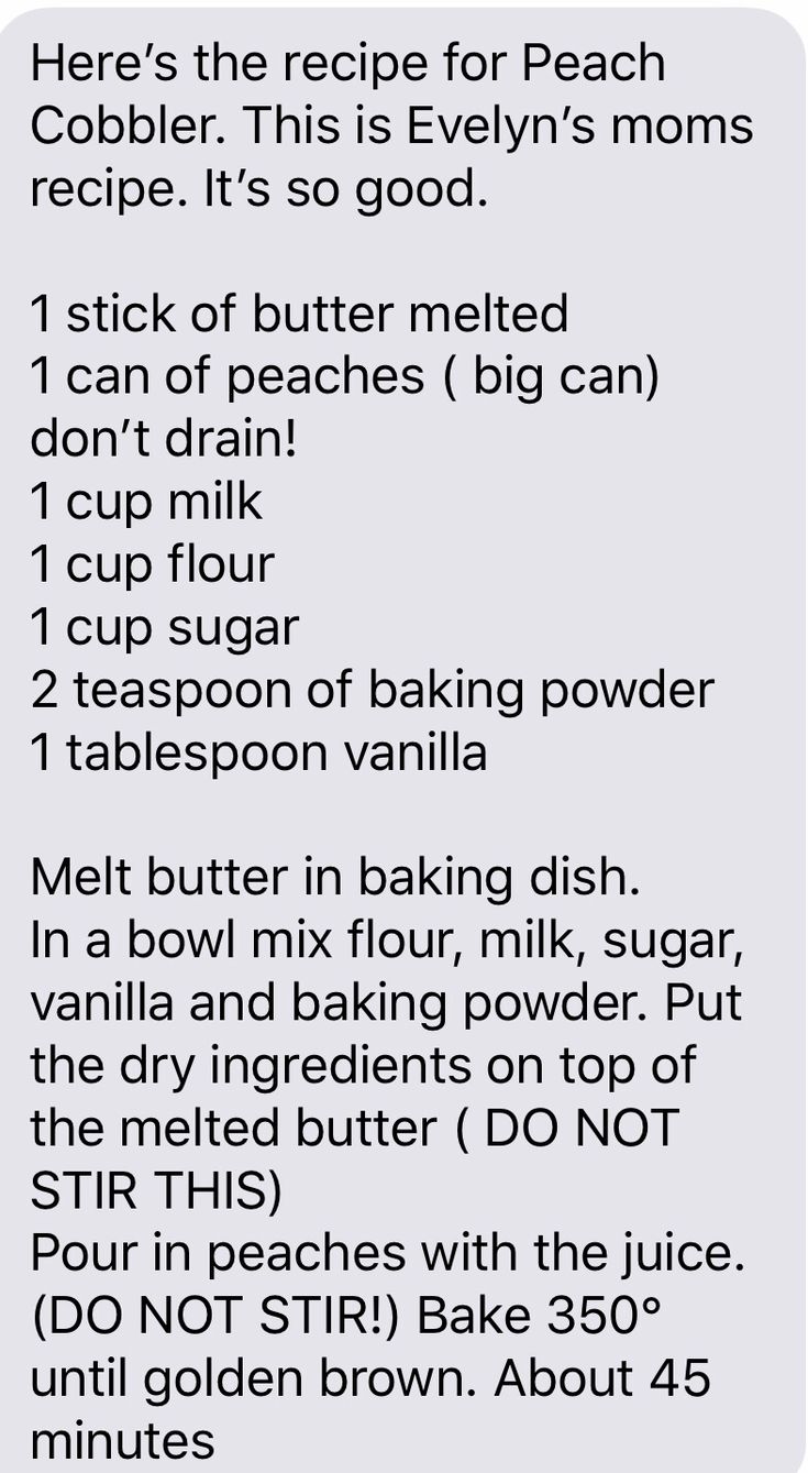 the recipe for peach cobbler is shown in black and white, with text above it