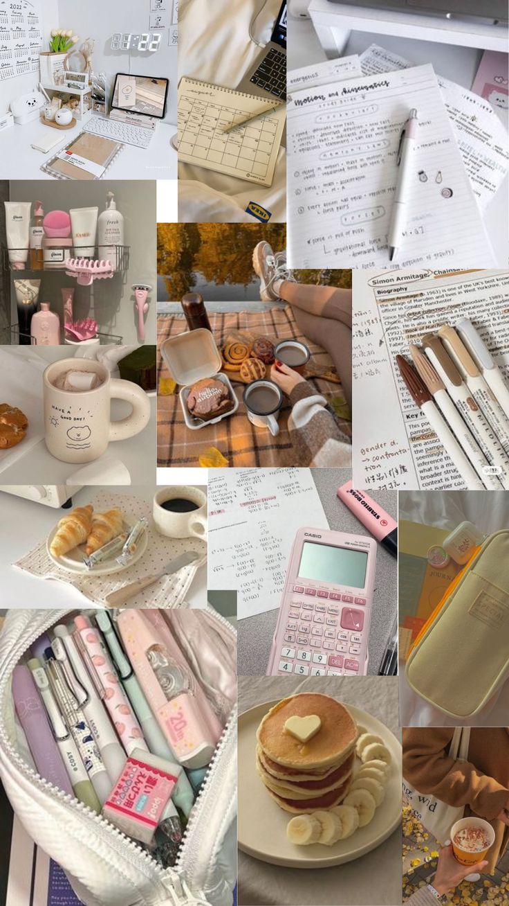 a collage of photos with various items and papers on the table, including cell phones