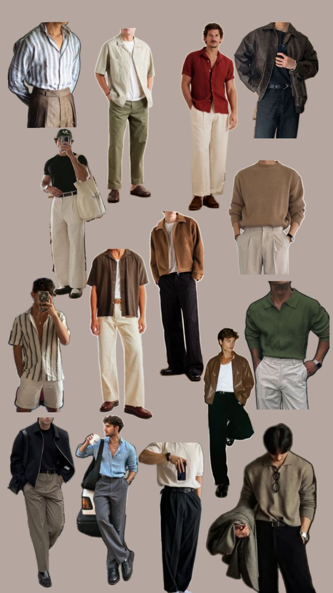 Retro Commuting Style Men, Old Money Guy Aesthetic Outfits, Rust Shirt Outfit Men, Aesthetic Old Money Outfits For Men, Mens Thrifting Outfits, Saltburn Men Outfits, Mens Outfit Inspiration Old Money, Neutral Tones Aesthetic Outfits, Cheap Outfit Ideas Men