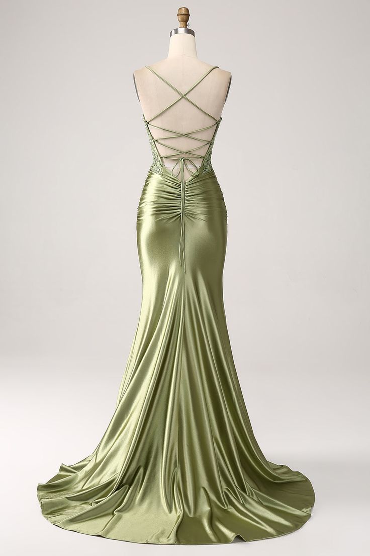 Zapaka Women Long Prom Dress Mermaid Sage Spaghetti Straps Lace-up Back Party Dress With Slit – ZAPAKA Prom Dresses Lace Up Back, Formal Dresses Sage Green, Sage Green Open Back Dress, Homecoming Dress Sage Green, Tinkerbell Prom Dress, Sage Green Satin Prom Dress, Olive Green Prom Dress Long, Safe Green Prom Dresses, Vintage Prom Dress Aesthetic