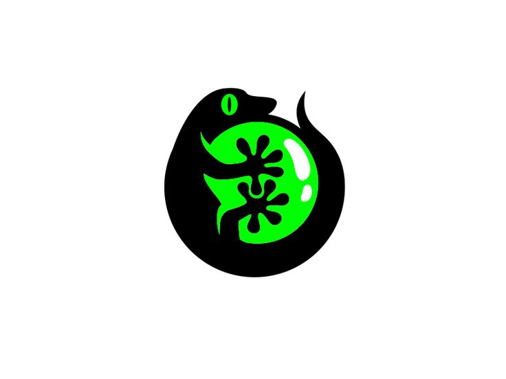 a green and black logo with an image of a gecko on it's back