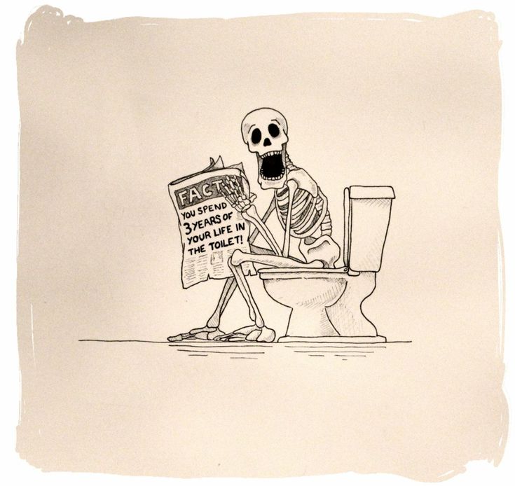 a skeleton is sitting on the toilet reading a newspaper and holding a sign that says, each