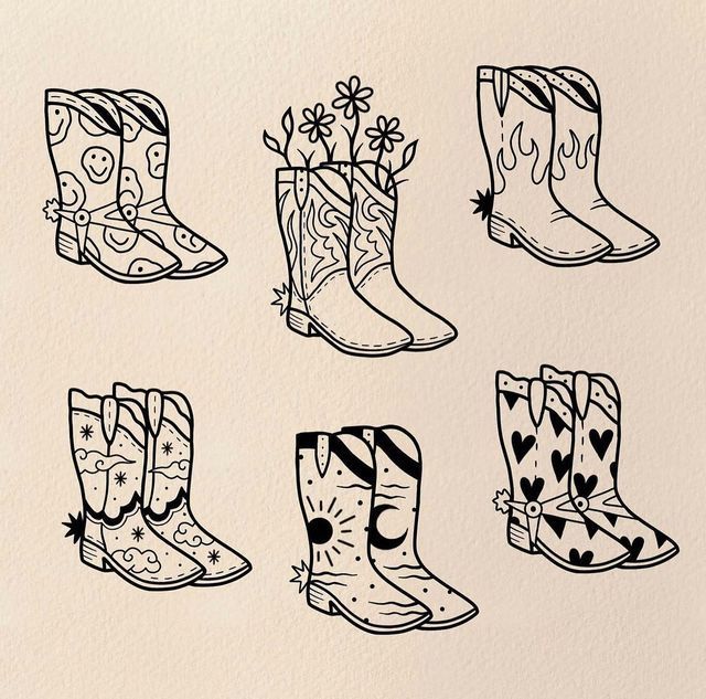 the boots have hearts on them and are drawn in black ink, which is an example of how to draw rain boots