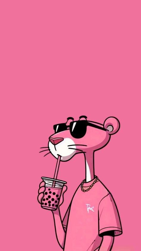 a cartoon character holding a drink in one hand and wearing sunglasses on the other side