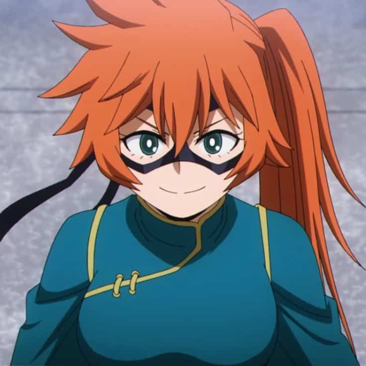 an anime character with long red hair and blue eyes wearing a green outfit, looking at the camera