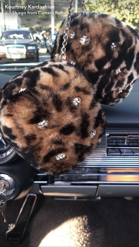 two animal print purses hanging from the dashboard of a car