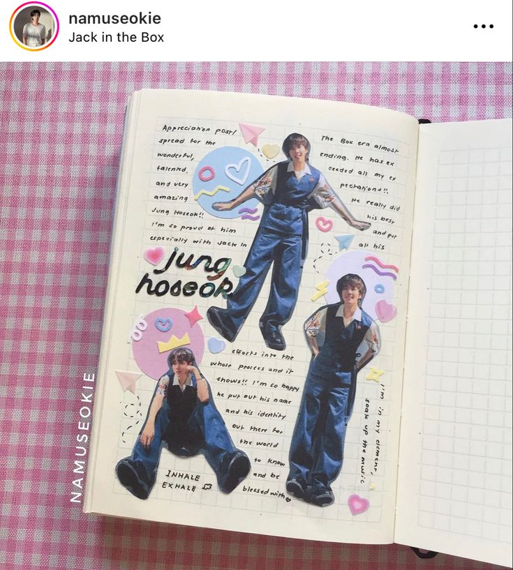 an open book with pictures of people in overalls