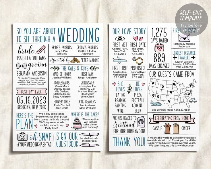 the wedding program is displayed on a piece of white paper with blue lettering and an image of