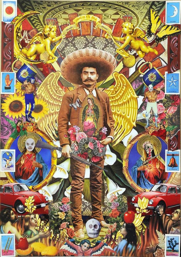 a painting of a mexican man standing in front of an image of people and animals