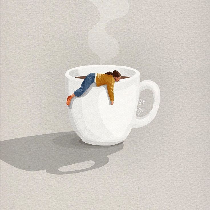 a painting of a man sleeping in a coffee cup with his head above the mug